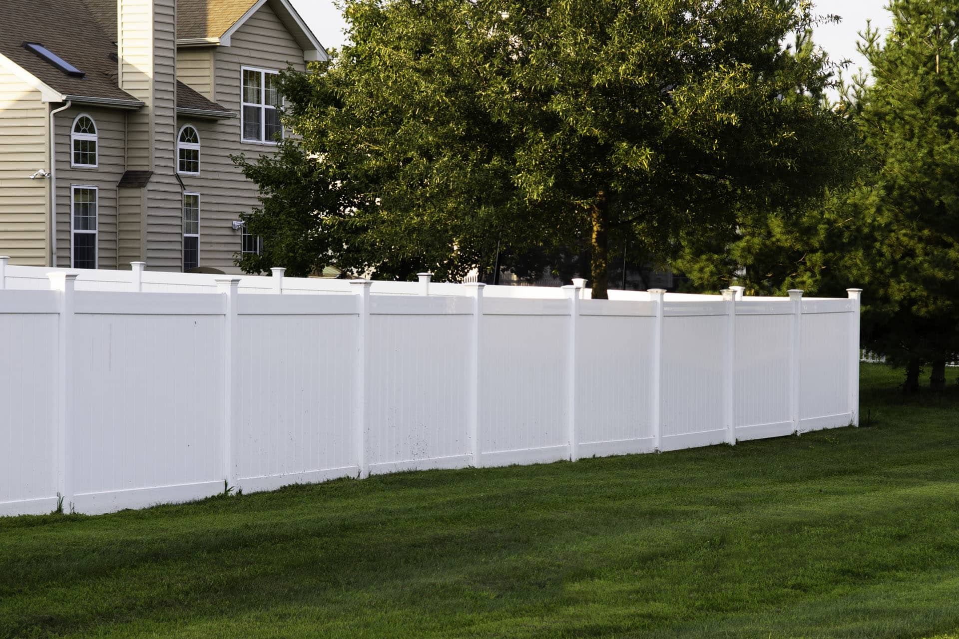 Tall white vinyl fence in a Denver home’s yard