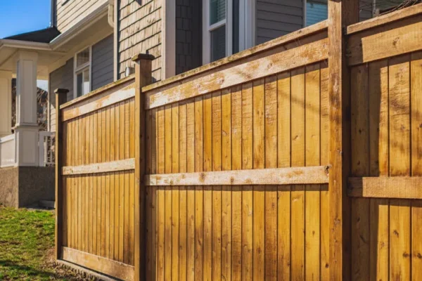 Wooden privacy fence and gate enclosing a front yard of a suburban house on a sunny day.