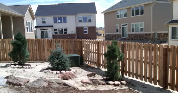 Backyard view of new suburban houses behind a wooden privacy fence, with a rock and shrub landscaping in the foreground.